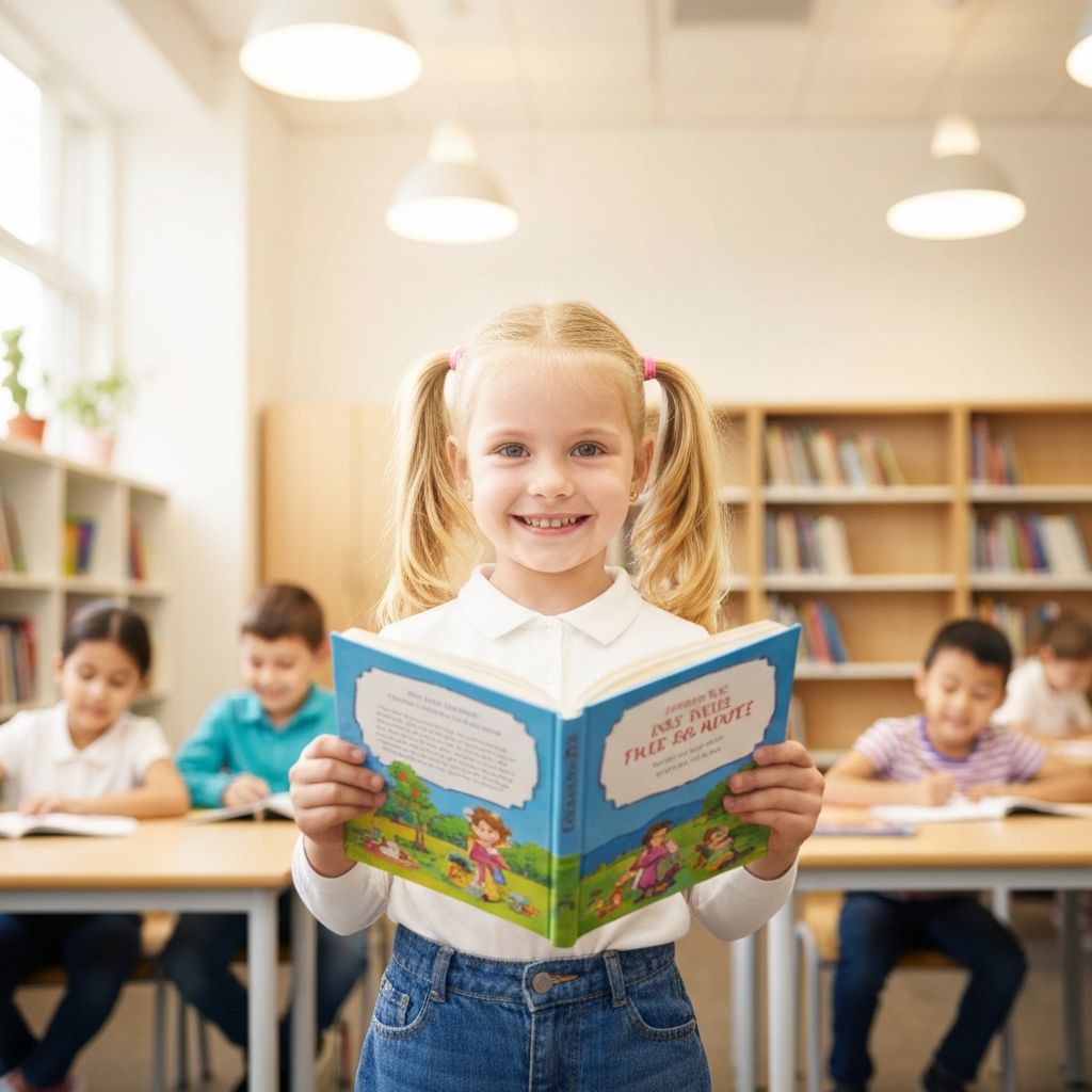 Child proudly holding a book